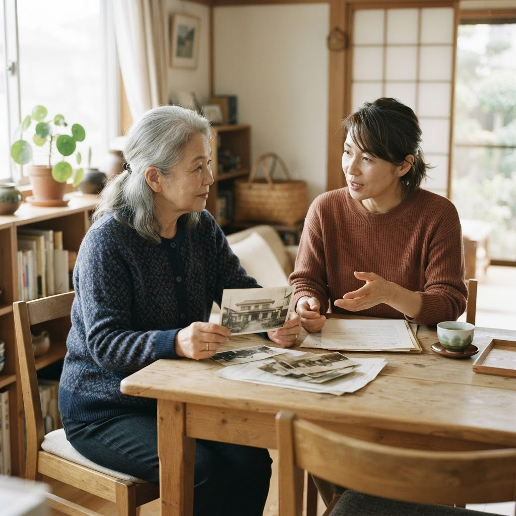 自宅で書類や実家の写真を見ながら、穏やかに話し合う親子
