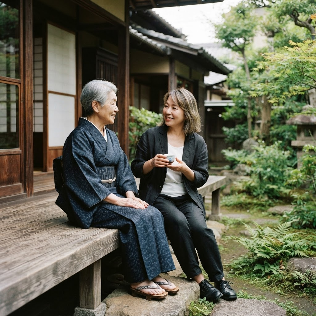 実家の前で穏やかに語り合う親子
